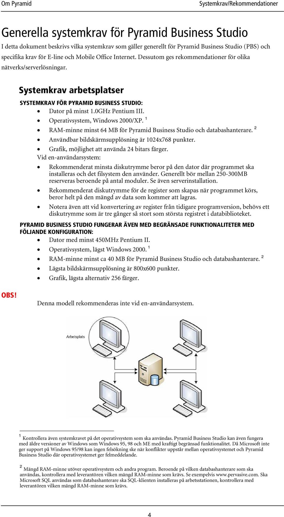 Operativsystem, Windows 2000/XP. 1 RAM-minne minst 64 MB för Pyramid Business Studio och databashanterare. 2 Användbar bildskärmsupplösning är 1024x768 punkter.