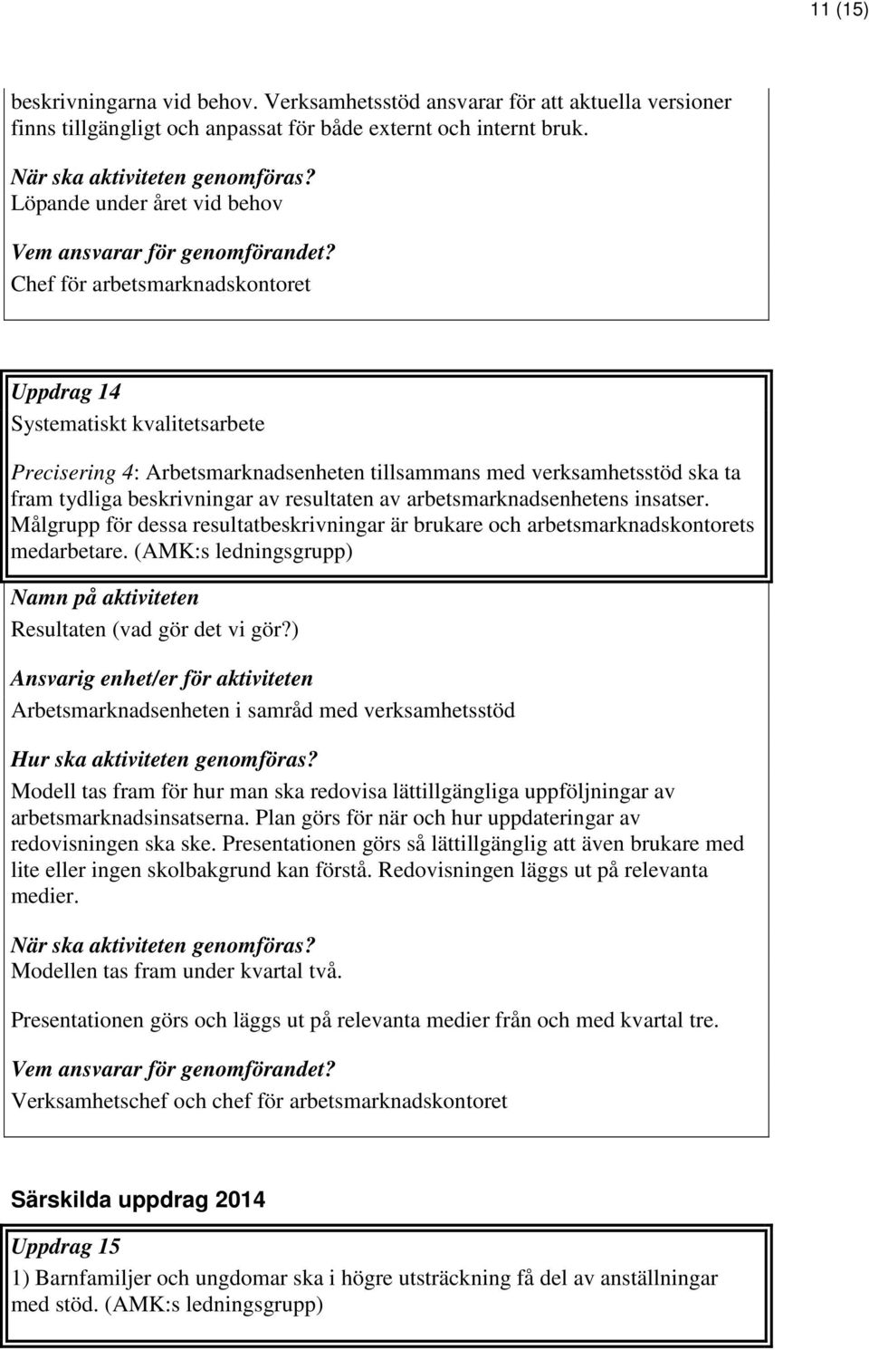 arbetsmarknadsenhetens insatser. Målgrupp för dessa resultatbeskrivningar är brukare och arbetsmarknadskontorets medarbetare. (AMK:s ledningsgrupp) Resultaten (vad gör det vi gör?