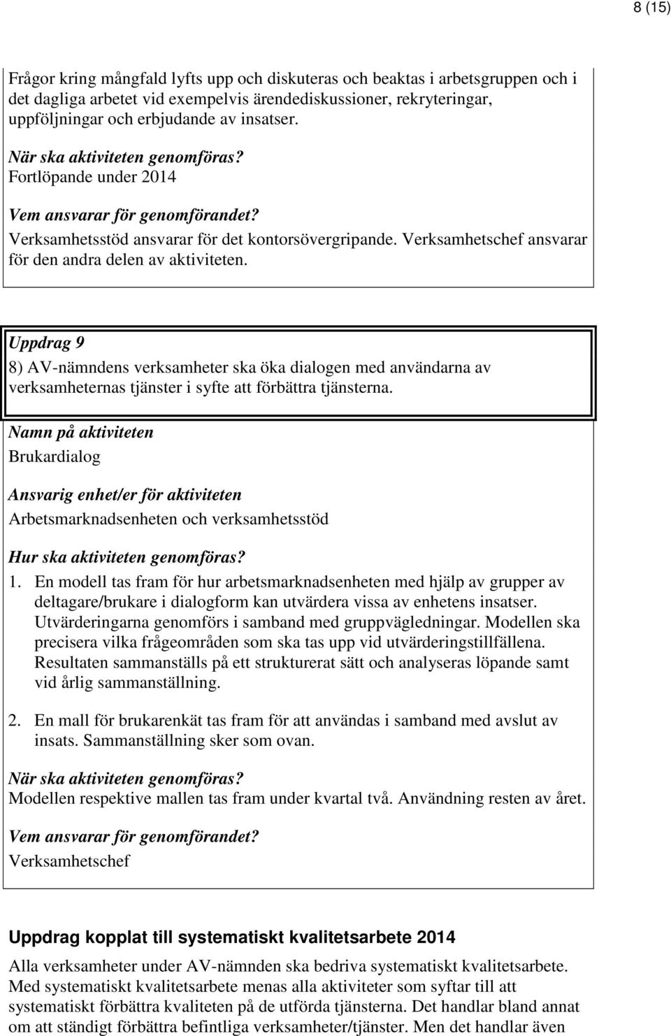 Uppdrag 9 8) AV-nämndens verksamheter ska öka dialogen med användarna av verksamheternas tjänster i syfte att förbättra tjänsterna. Brukardialog och verksamhetsstöd 1.