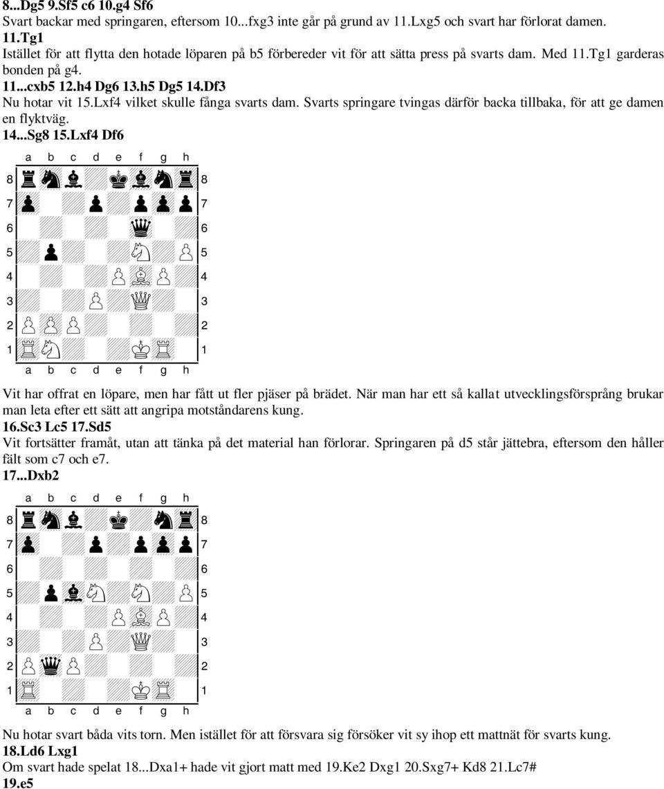 h5 Dg5 14.Df3 Nu hotar vit 15.Lxf4 vilket skulle fånga svarts dam. Svarts springare tvingas därför backa tillbaka, för att ge damen en flyktväg. 14...Sg8 15.