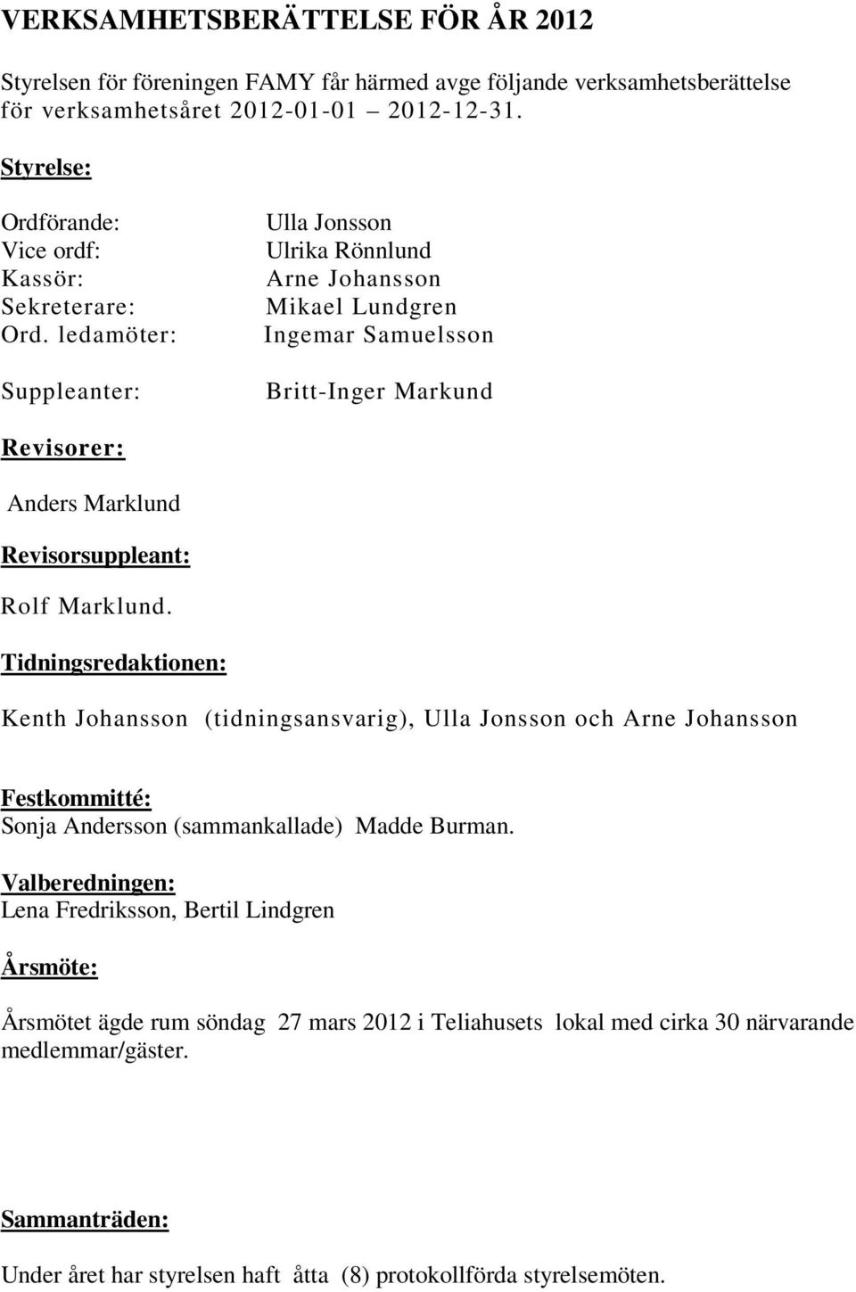ledamöter: Suppleanter: Ulla Jonsson Ulrika Rönnlund Arne Johansson Mikael Lundgren Ingemar Samuelsson Britt-Inger Markund Revisorer: Anders Marklund Revisorsuppleant: Rolf Marklund.