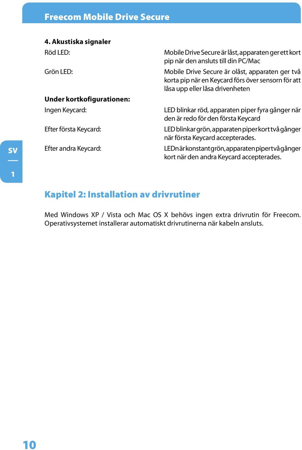 din PC/Mac Mobile Drive Secure är olåst, apparaten ger två korta pip när en Keycard förs över sensorn för att låsa upp eller låsa drivenheten LED blinkar röd, apparaten piper fyra gånger när den är