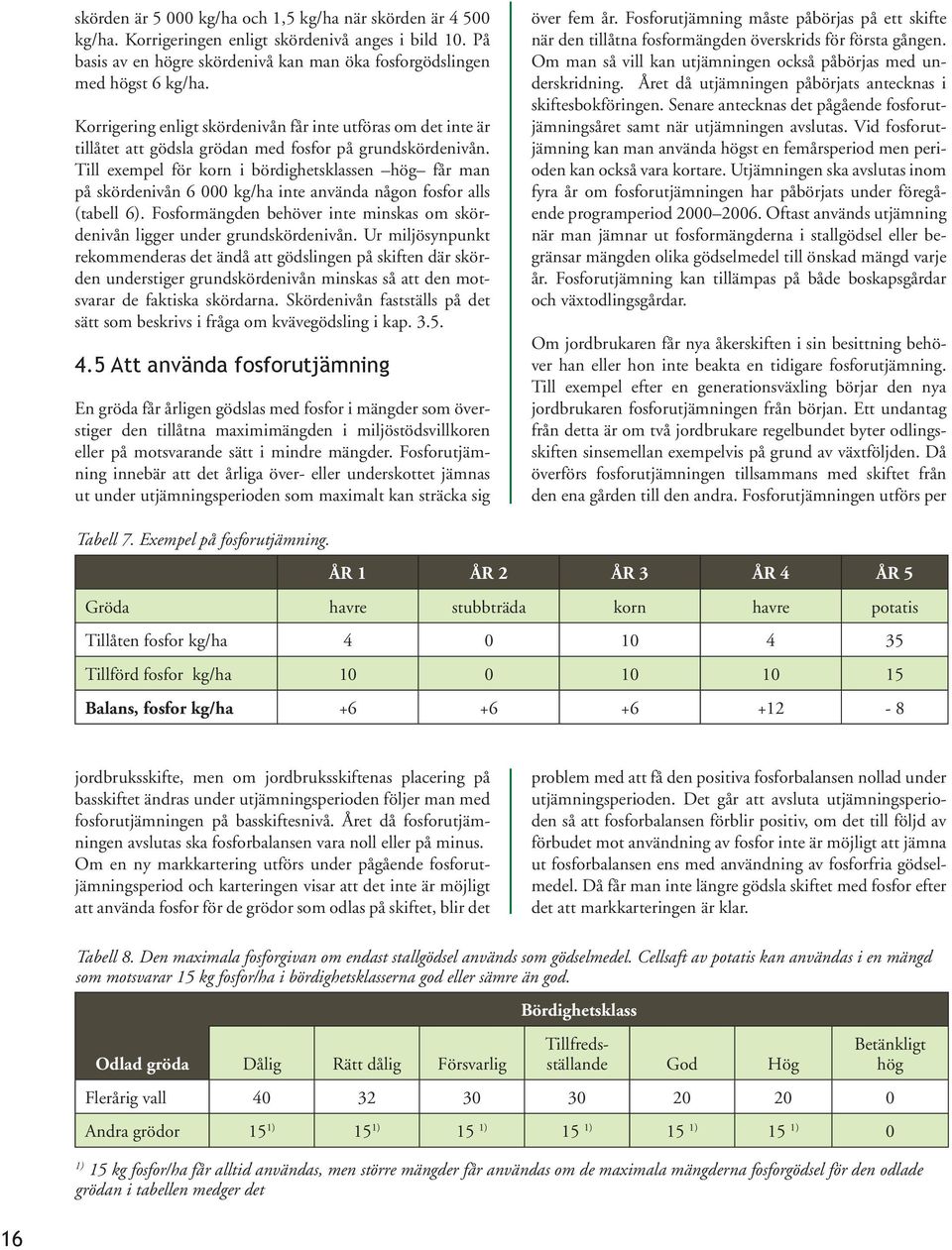 Till exempel för korn i bördighetsklassen hög får man på skördenivån 6 000 kg/ha inte använda någon fosfor alls (tabell 6).