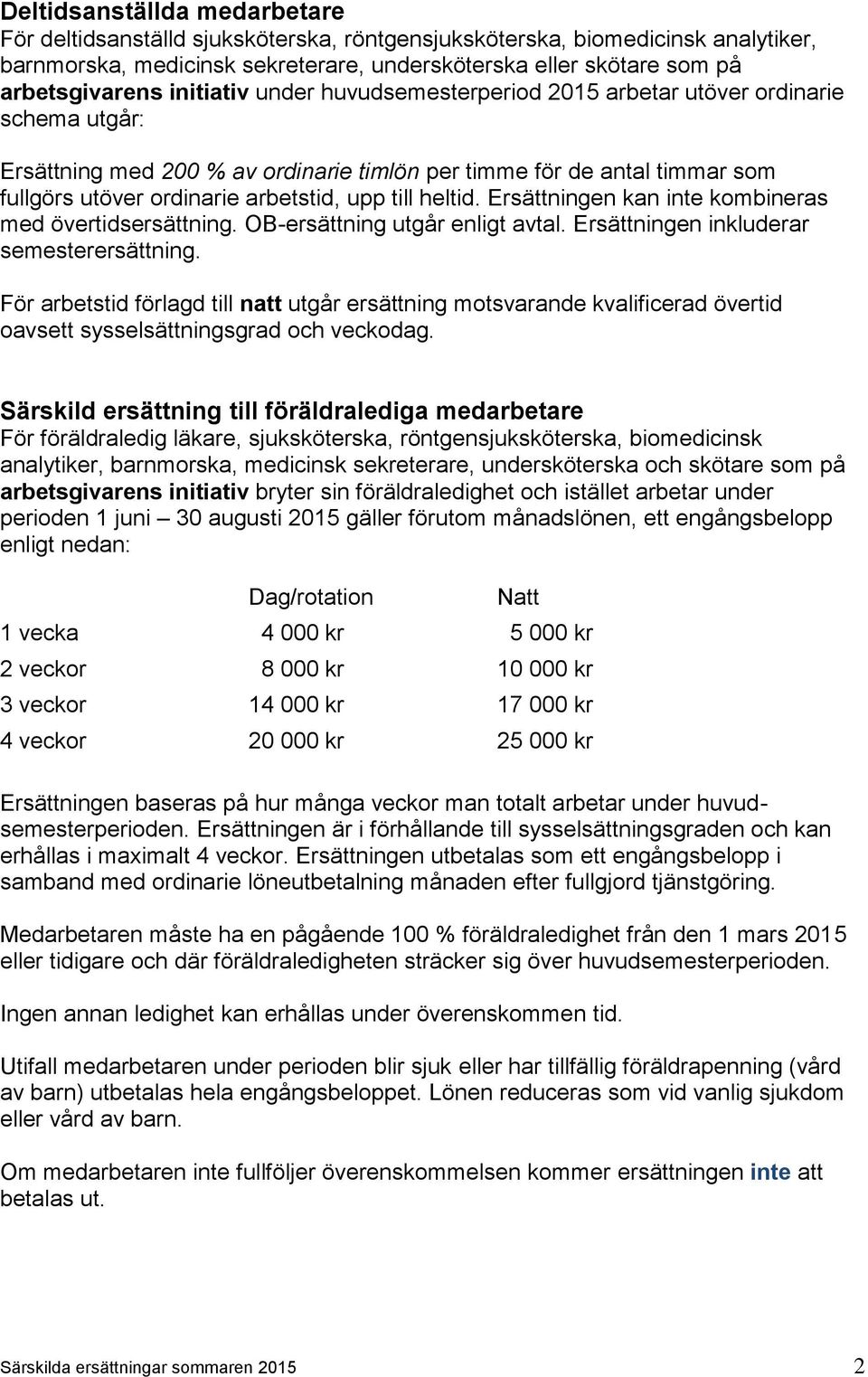 till heltid. Ersättningen kan inte kombineras med övertidsersättning. OB-ersättning utgår enligt avtal. Ersättningen inkluderar semesterersättning.