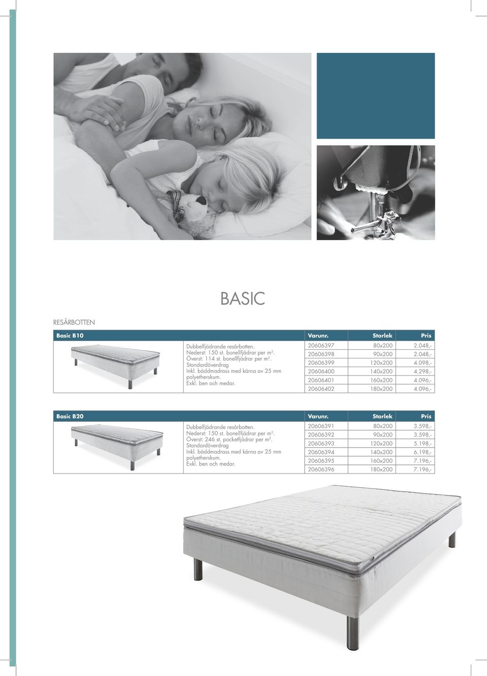 096,- Basic B20 Dubbelfjädrande resårbotten. Nederst: 150 st. bonellfjädrar per m 2. Överst: 246 st. pocketfjädrar per m 2. Standardöverdrag Inkl.