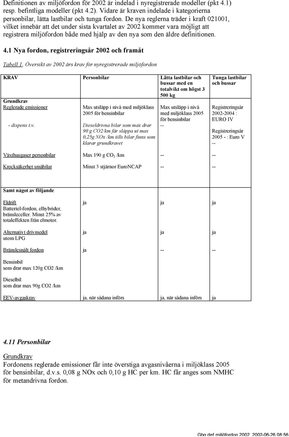 De nya reglerna träder i kraft 021001, vilket innebär att det under sista kvartalet av 2002 kommer vara möjligt att registrera miljöfordon både med hjälp av den nya som den äldre definitionen. 4.