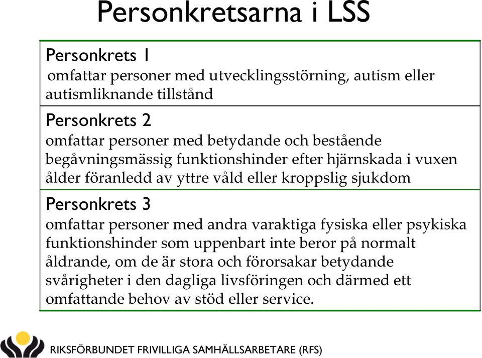 kroppslig sjukdom Personkrets 3 omfattar personer med andra varaktiga fysiska eller psykiska funktionshinder som uppenbart inte beror på