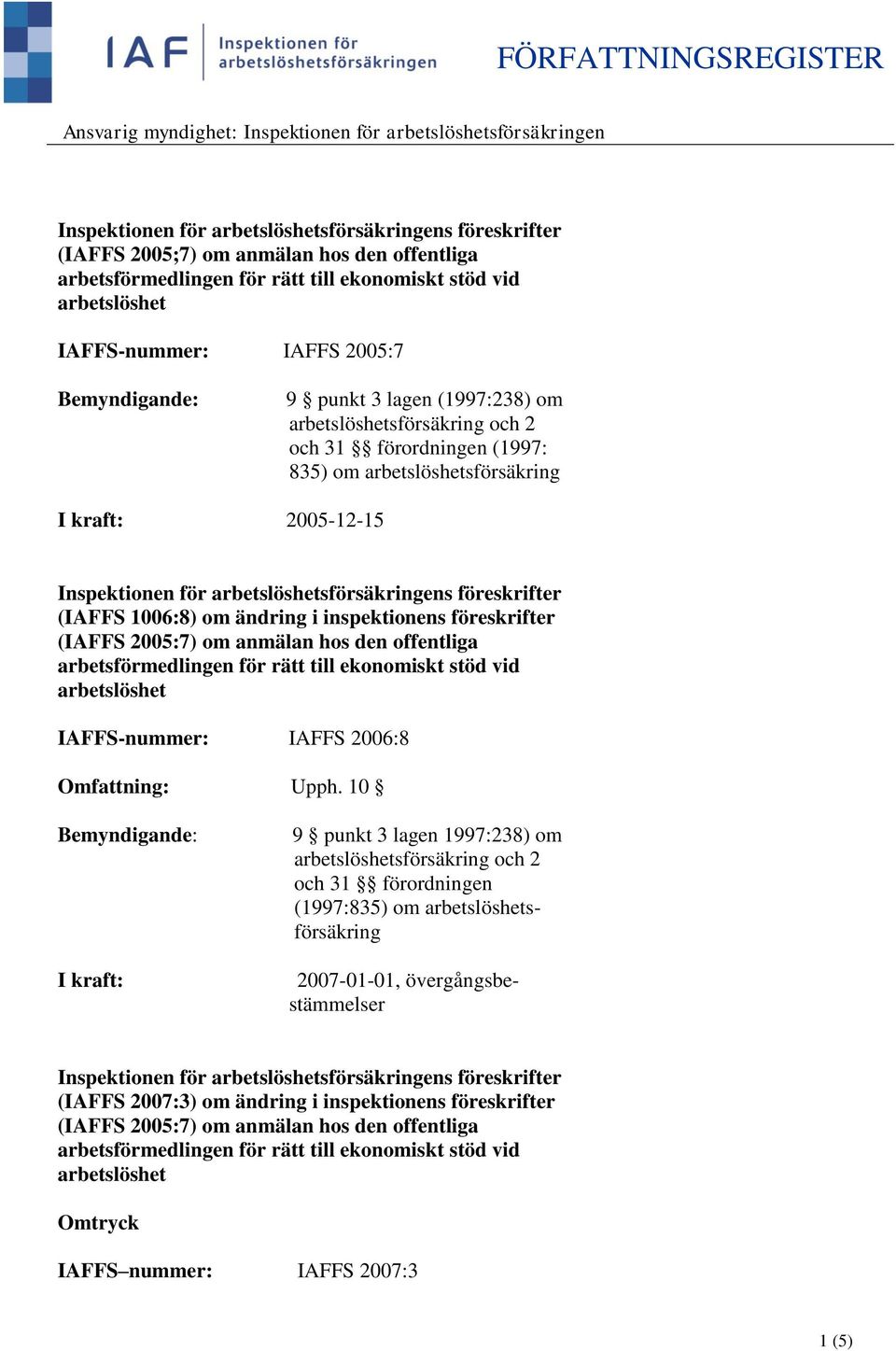 (IAFFS 2005:7) om anmälan hos den offentliga IAFFS-nummer: IAFFS 2006:8 Omfattning: Upph.