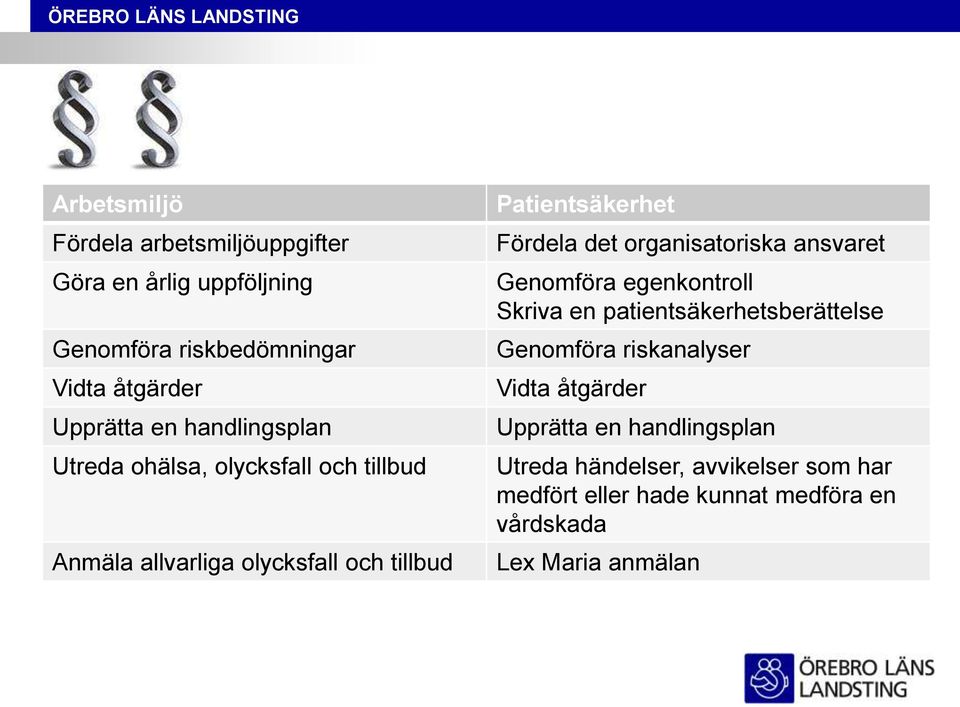 organisatoriska ansvaret Genomföra egenkontroll Skriva en patientsäkerhetsberättelse Genomföra riskanalyser Vidta åtgärder