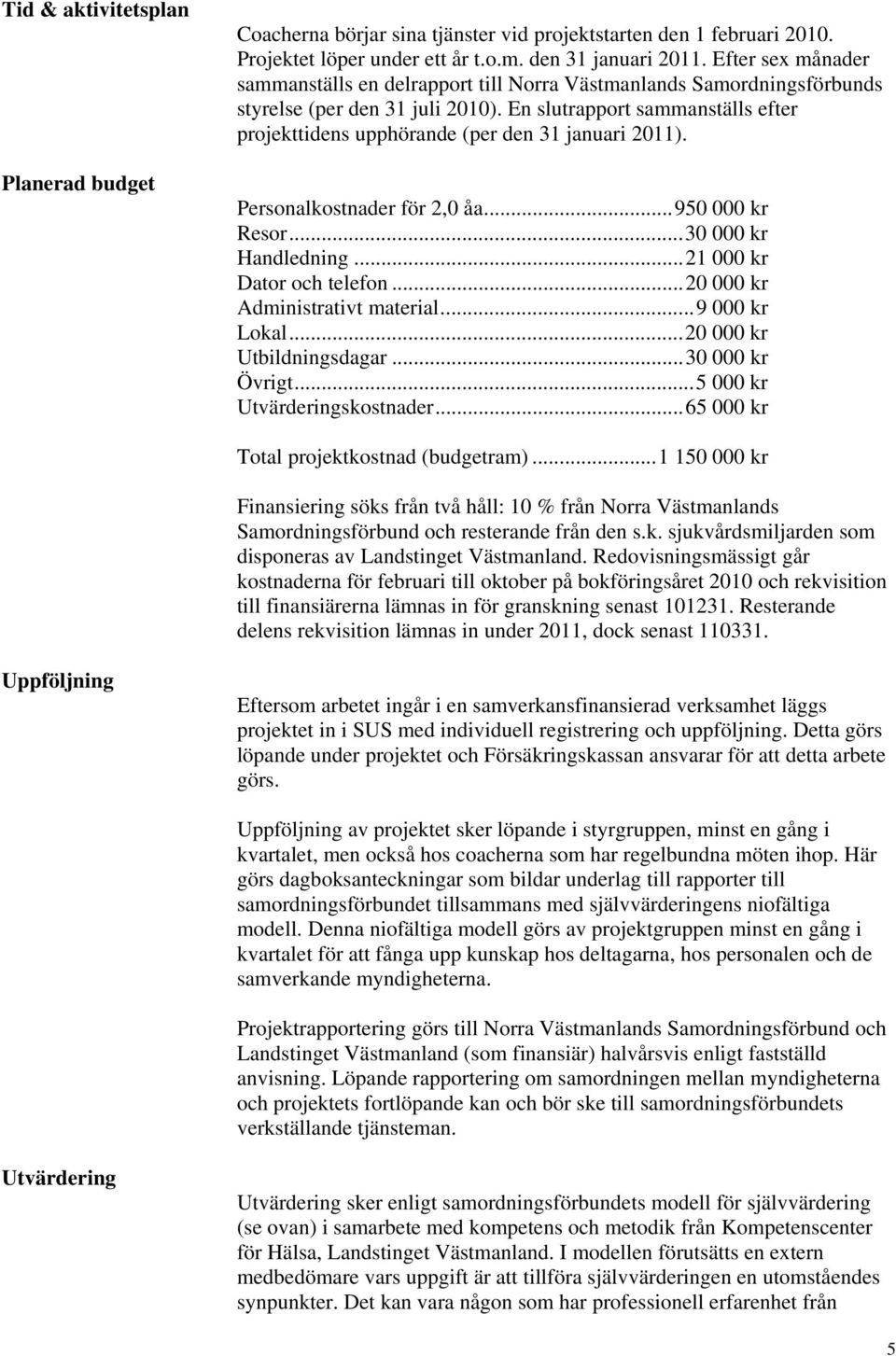 En slutrapport sammanställs efter projekttidens upphörande (per den 31 januari 2011). Personalkostnader för 2,0 åa...950 000 kr Resor...30 000 kr Handledning...21 000 kr Dator och telefon.
