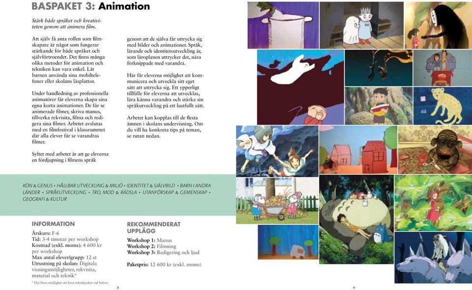 Under handledning av professionella animatörer får eleverna skapa sina egna korta animationer. De får se animerade filmer, skriva manus, tillverka rekvisita, filma och redigera sina filmer.