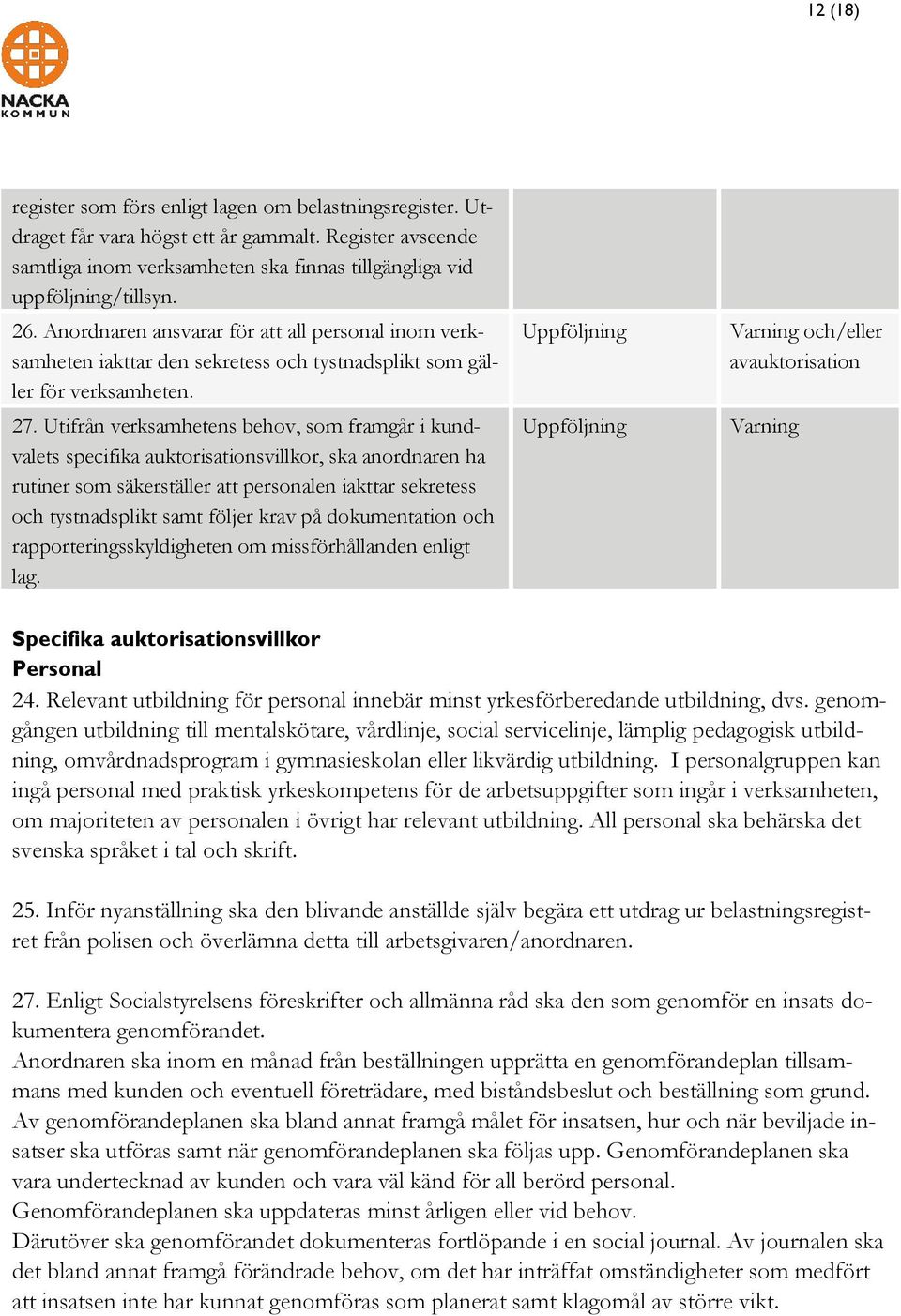 Utifrån verksamhetens behov, som framgår i kundvalets specifika auktorisationsvillkor, ska anordnaren ha rutiner som säkerställer att personalen iakttar sekretess och tystnadsplikt samt följer krav