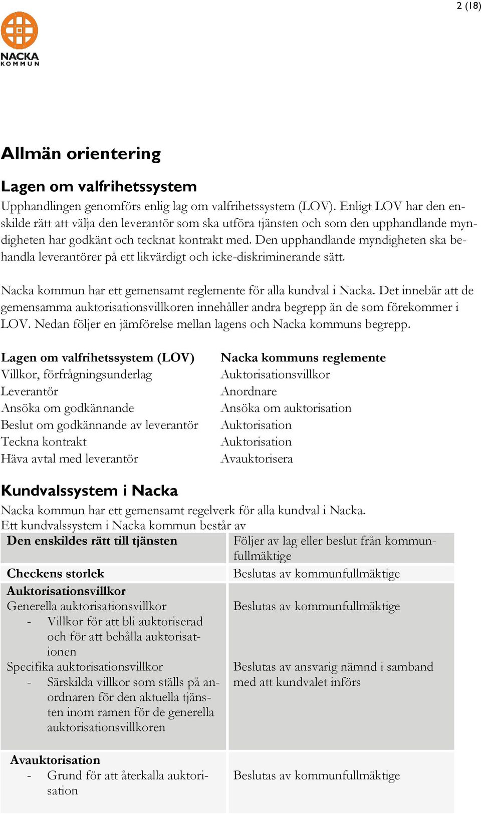 Den upphandlande myndigheten ska behandla leverantörer på ett likvärdigt och icke-diskriminerande sätt. Nacka kommun har ett gemensamt reglemente för alla kundval i Nacka.