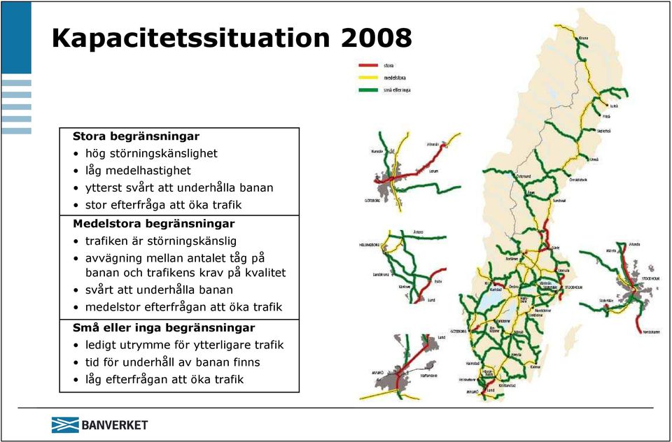 tåg på banan och trafikens krav på kvalitet svårt att underhålla banan medelstor efterfrågan att öka trafik Små