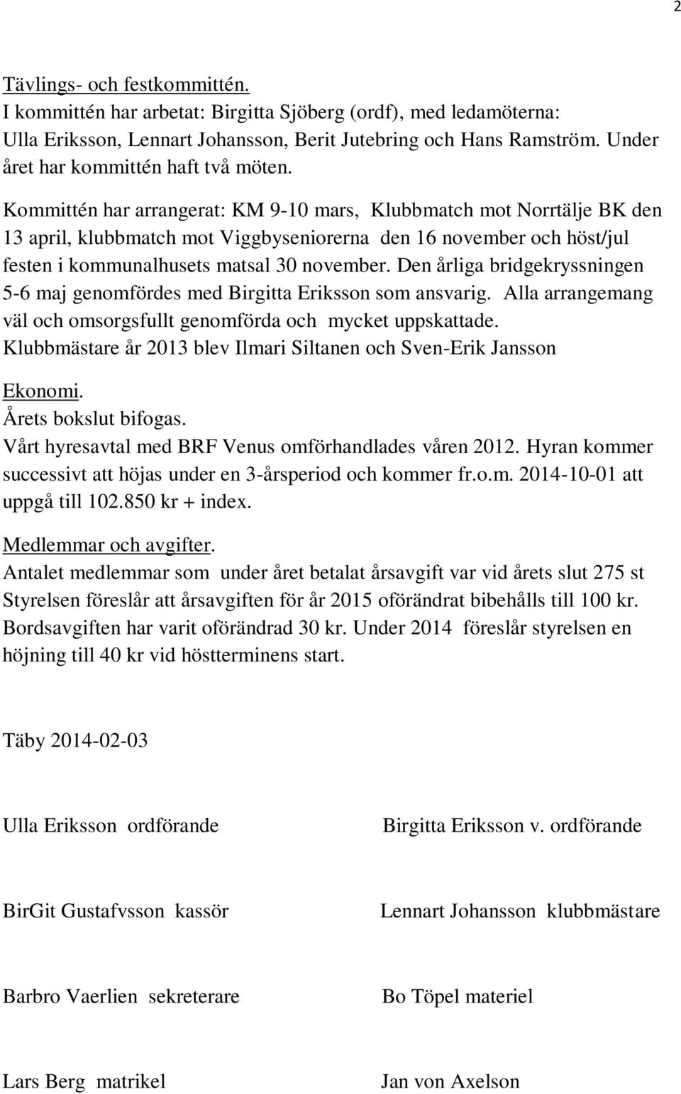 Kommittén har arrangerat: KM 9-10 mars, Klubbmatch mot Norrtälje BK den 13 april, klubbmatch mot Viggbyseniorerna den 16 november och höst/jul festen i kommunalhusets matsal 30 november.