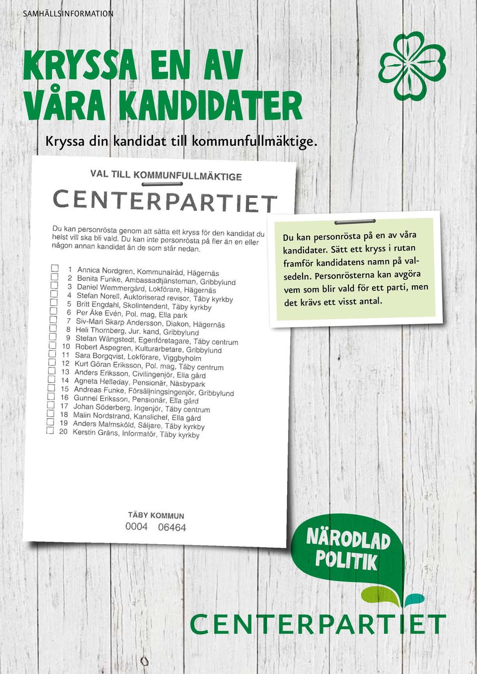 Sätt ett kryss i rutan framför kandidatens namn på valsedeln.