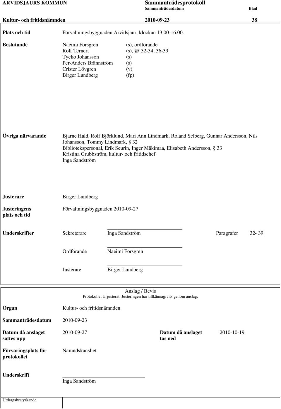 Beslutande Naeimi Forsgren (s), ordförande Rolf Ternert (s), 32-34, 36-39 Tycko Johansson (s) Per-Anders Brännström (s) Crister Lövgren (v) Birger Lundberg (fp) Övriga närvarande Bjarne Hald, Rolf