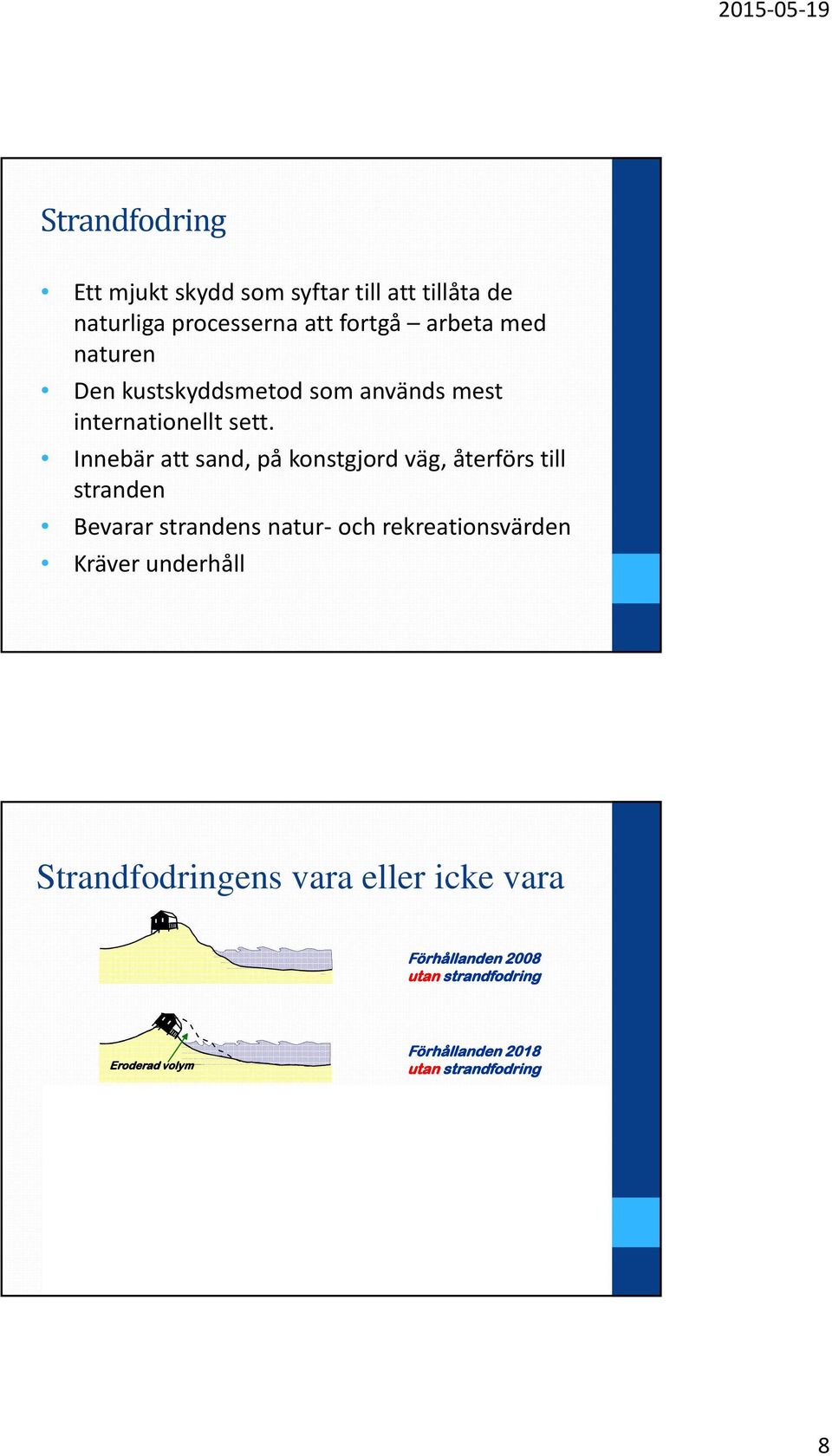 Innebär att sand, på konstgjord väg, återförs till stranden Bevarar strandens natur och rekreationsvärden Kräver underhåll