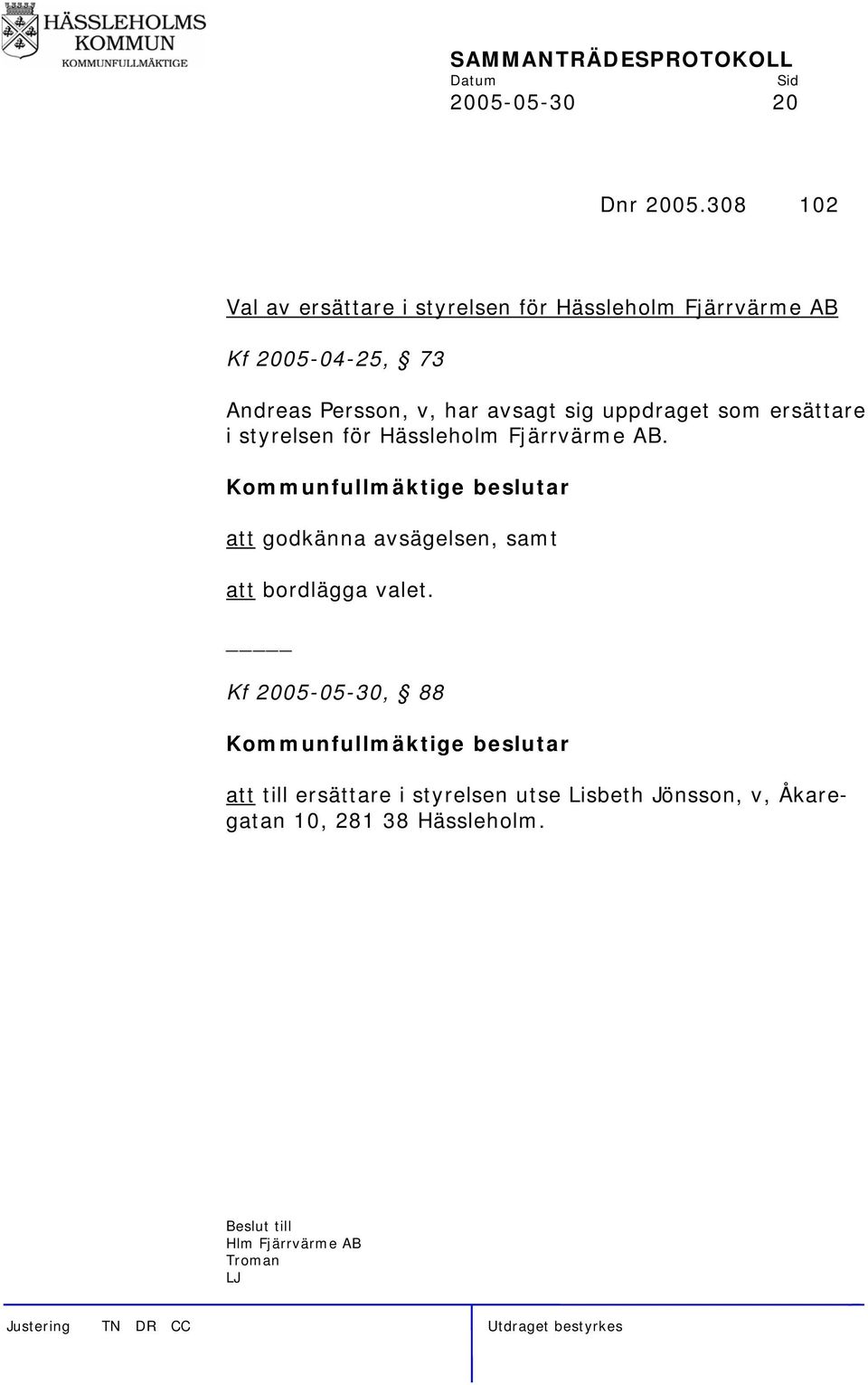 sig uppdraget som ersättare i styrelsen för Hässleholm Fjärrvärme AB.