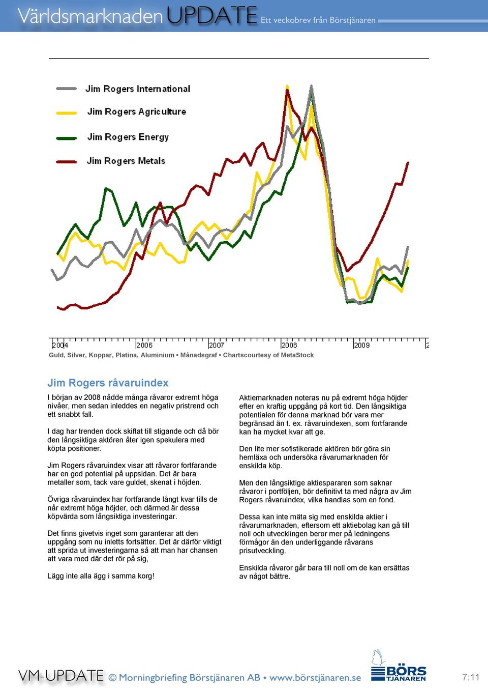 Jim Rogers råvaruindex visar att råvaror fortfarande har en god potential på uppsidan. Det är bara metaller som, tack vare guldet, skenat i höjden.