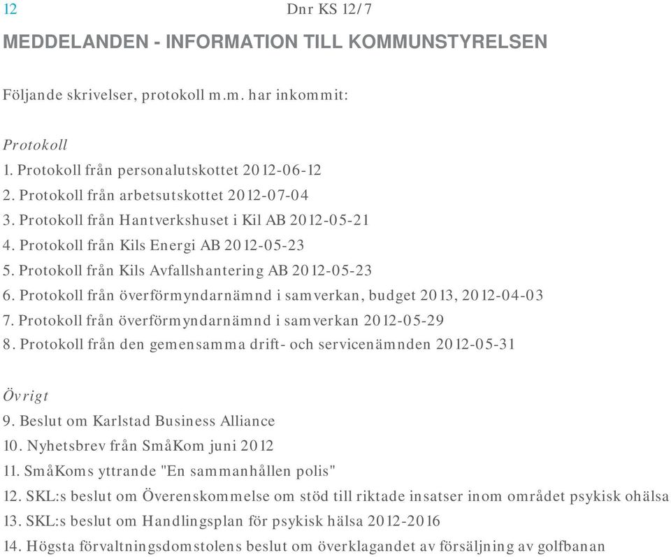 Protokoll från överförmyndarnämnd i samverkan, budget 2013, 2012-04-03 7. Protokoll från överförmyndarnämnd i samverkan 2012-05-29 8.