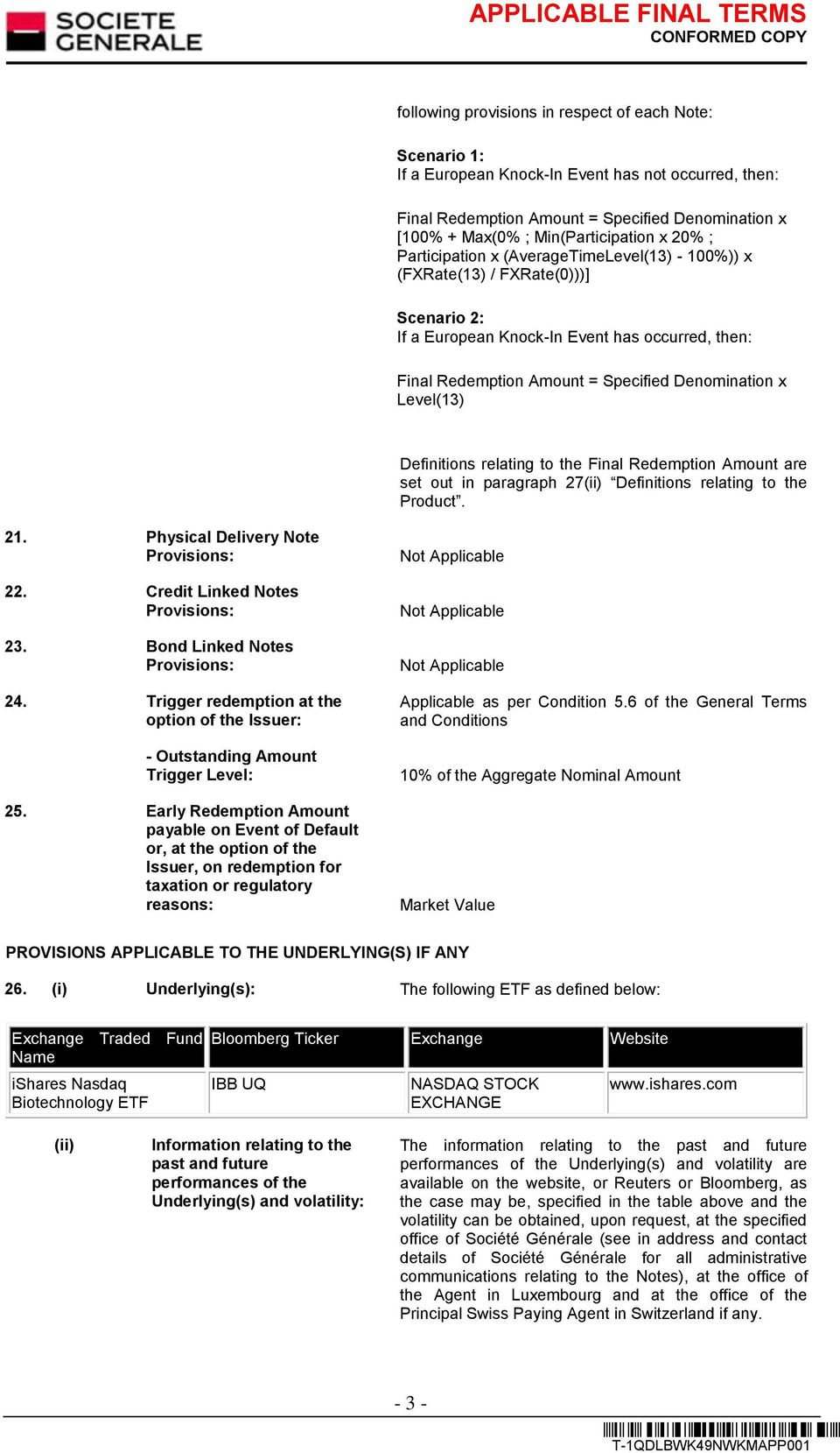 Level(13) Definitions relating to the Final Redemption Amount are set out in paragraph 27(ii) Definitions relating to the Product. 21. Physical Delivery Note Provisions: 22.