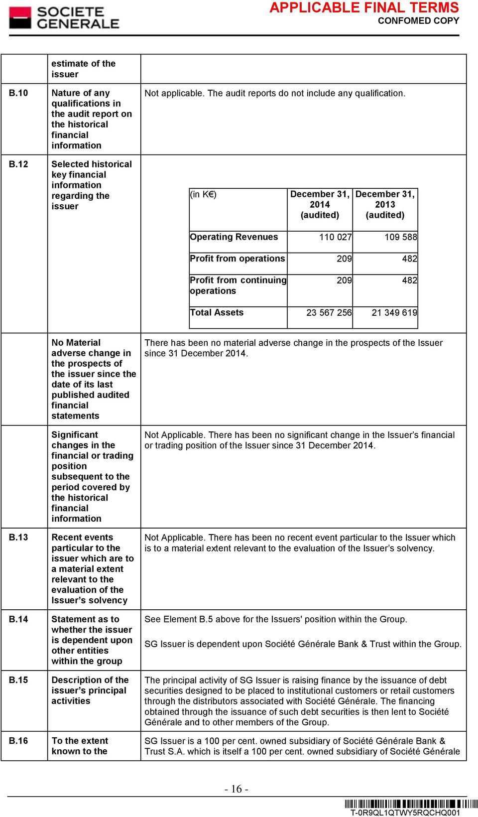 12 Selected historical key financial information regarding the issuer (in K ) December 31, 2014 (audited) December 31, 2013 (audited) Operating Revenues 110 027 109 588 Profit from operations 209 482