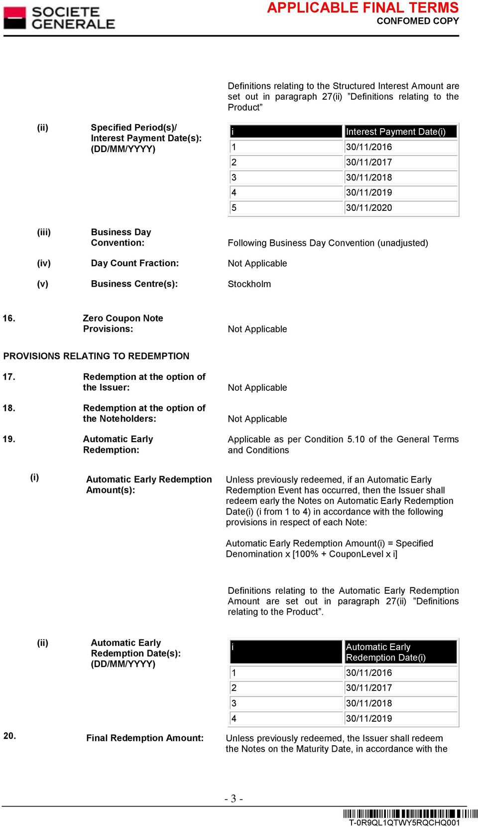 Business Centre(s): Stockholm 16. Zero Coupon Note Provisions: PROVISIONS RELATING TO REDEMPTION 17. Redemption at the option of the Issuer: 18. Redemption at the option of the Noteholders: 19.