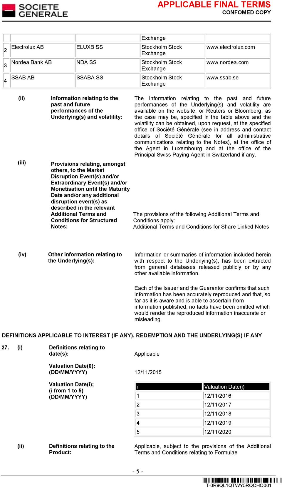 Event(s) and/or Monetisation until the Maturity Date and/or any additional disruption event(s) as described in the relevant Additional Terms and Conditions for Structured Notes: The information