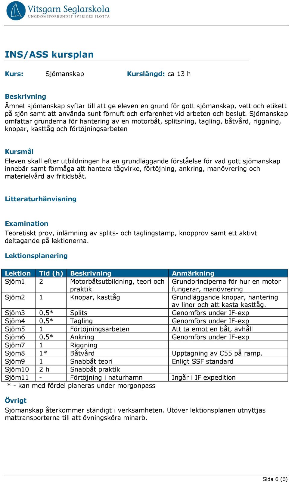 Sjömanskap omfattar grunderna för hantering av en motorbåt, splitsning, tagling, båtvård, riggning, knopar, kasttåg och förtöjningsarbeten Eleven skall efter utbildningen ha en grundläggande