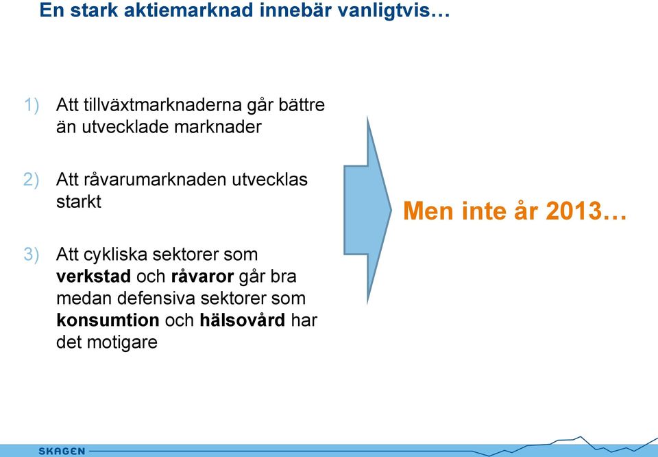 Men inte år 2013 3) Att cykliska sektorer som verkstad och råvaror går