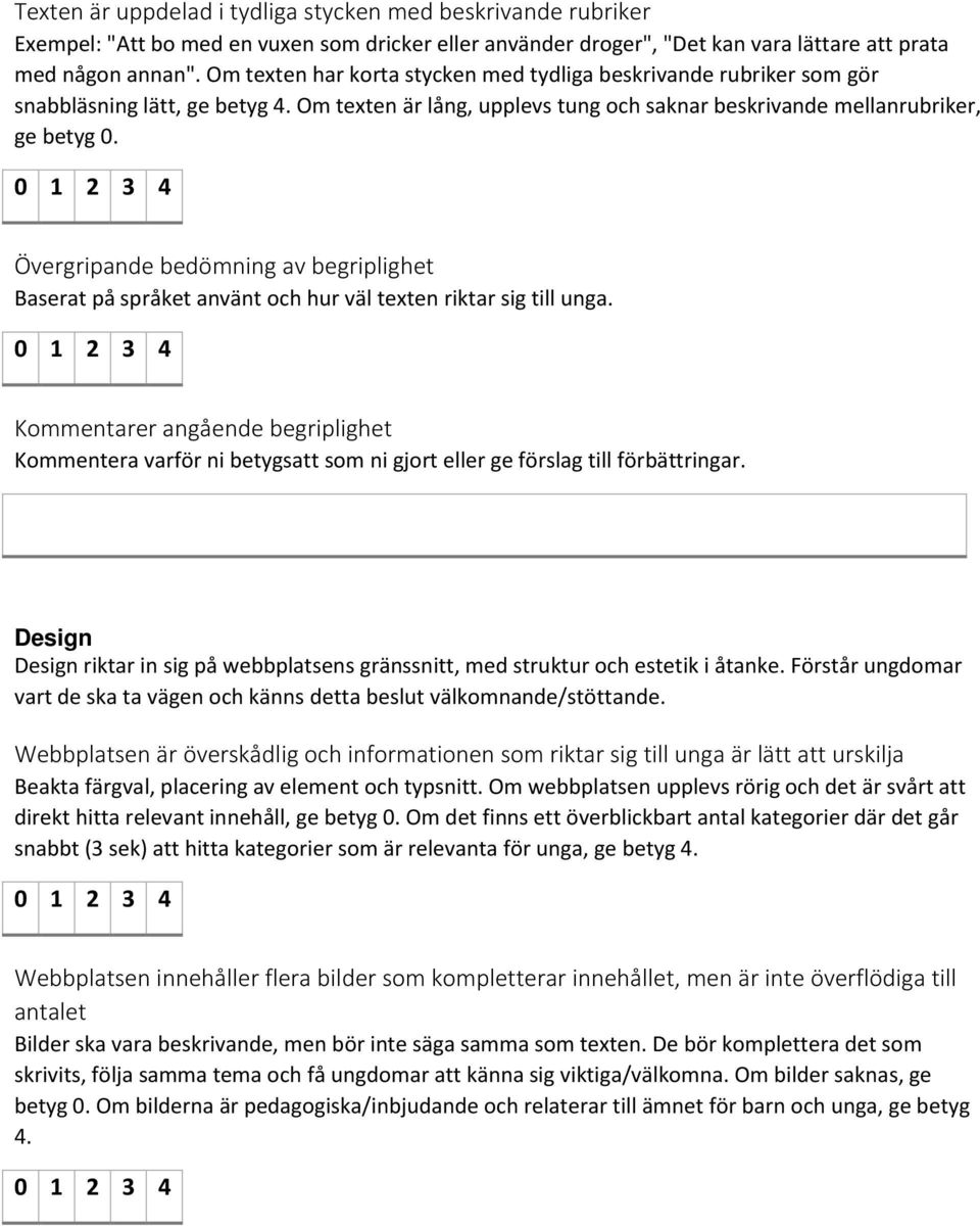 Övergripande bedömning av begriplighet Baserat på språket använt och hur väl texten riktar sig till unga.