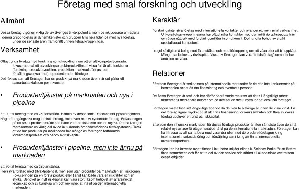 Verksamhet Oftast unga företag med forskning och utveckling inom ett smalt kompetensområde, fokuserade på ett utvecklingsprojekt/produktlinje.