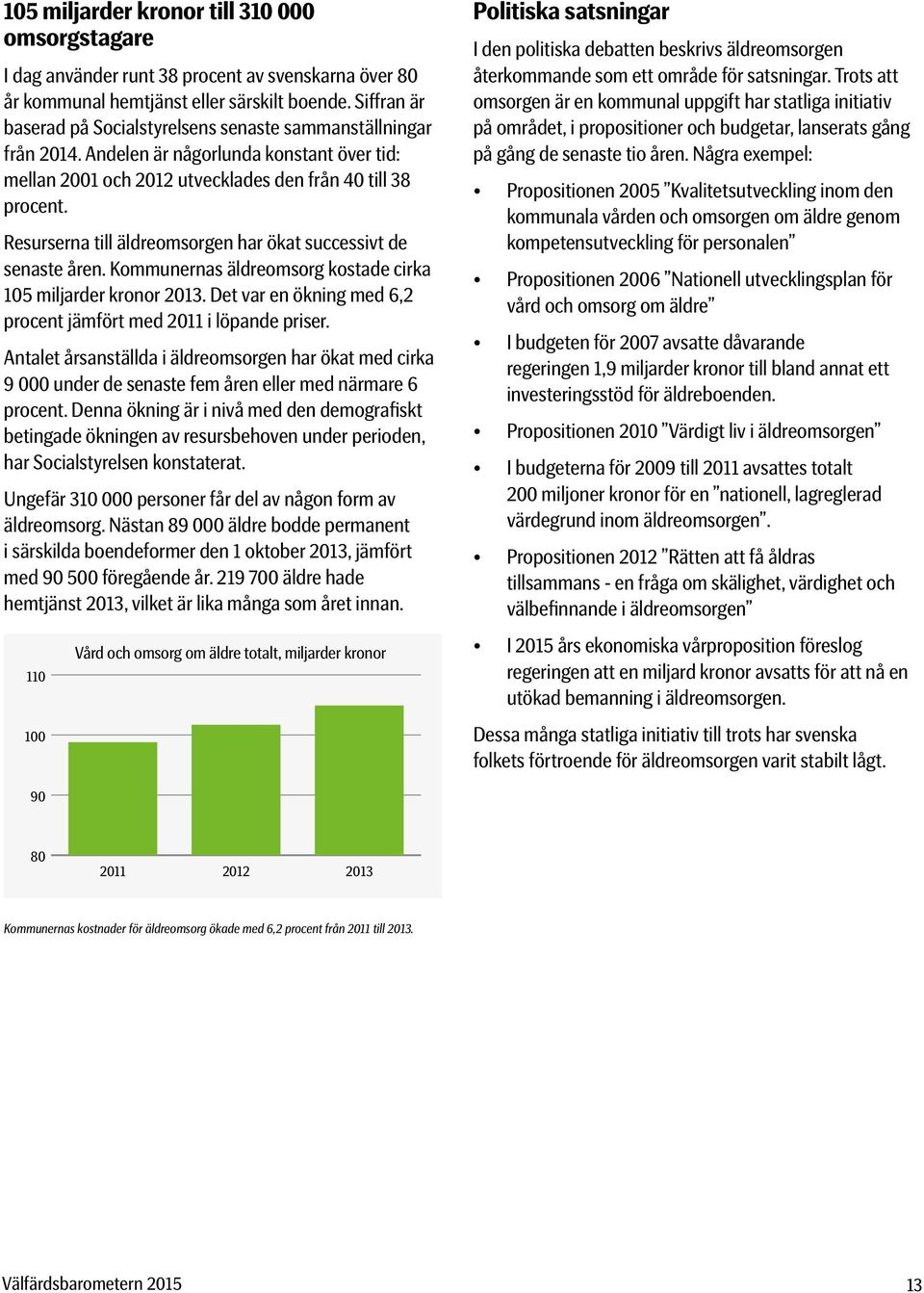 Resurserna till äldreomsorgen har ökat successivt de senaste åren. Kommunernas äldreomsorg kostade cirka 105 miljarder kronor. Det var en ökning med 6,2 procent jämfört med i löpande priser.