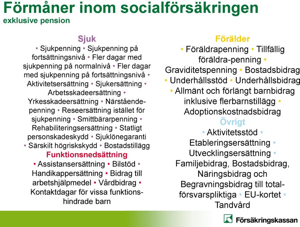 personskadeskydd Sjuklönegaranti Särskilt högriskskydd Bostadstillägg Funktionsnedsättning Assistansersättning Bilstöd Handikappersättning Bidrag till arbetshjälpmedel Vårdbidrag Kontaktdagar för