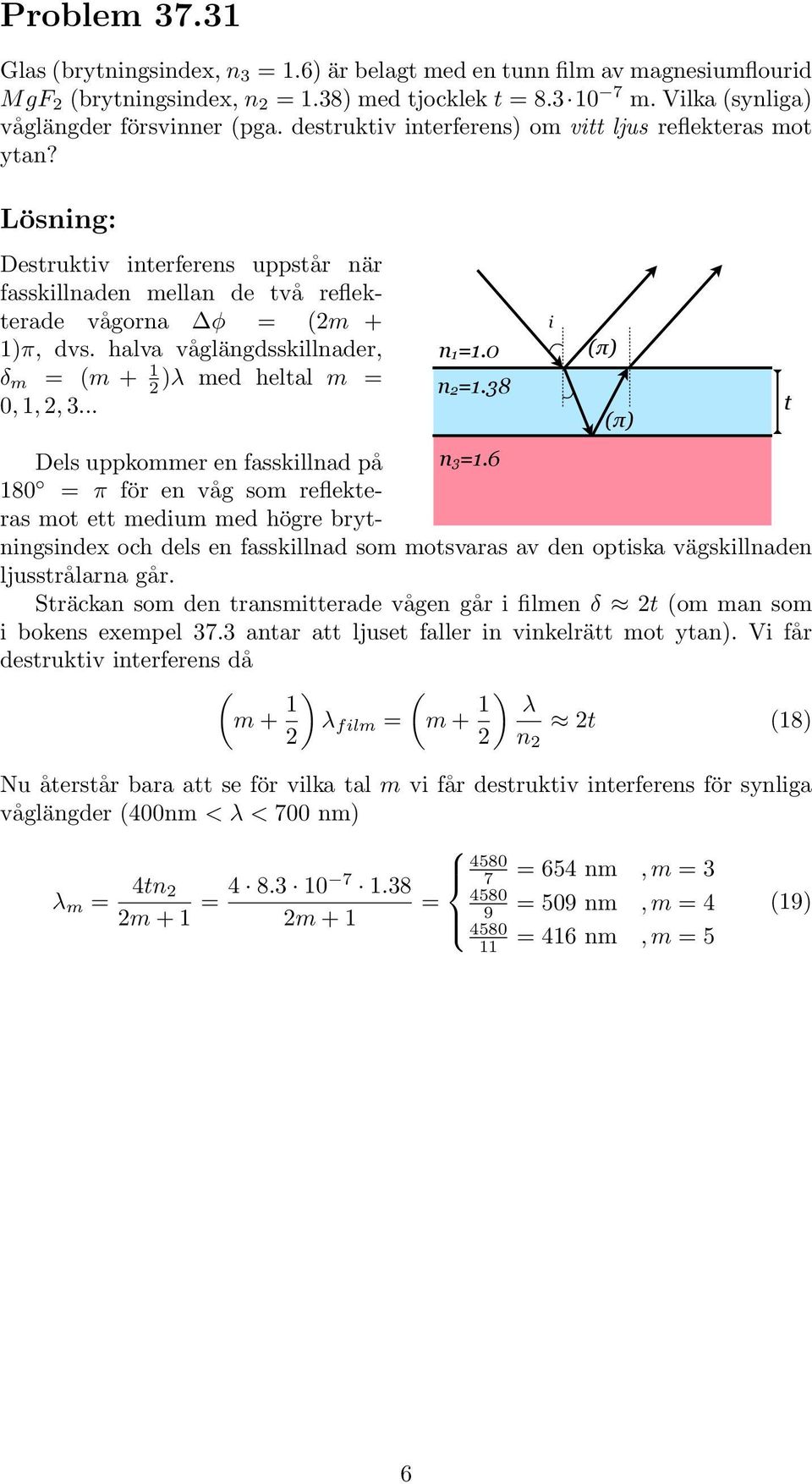 halva våglängdsskillnader, δ m = (m + 2 )λ med heltal m = 0,, 2, 3... n=.0 n2=.38 Dels uppkommer en fasskillnad på n3=.