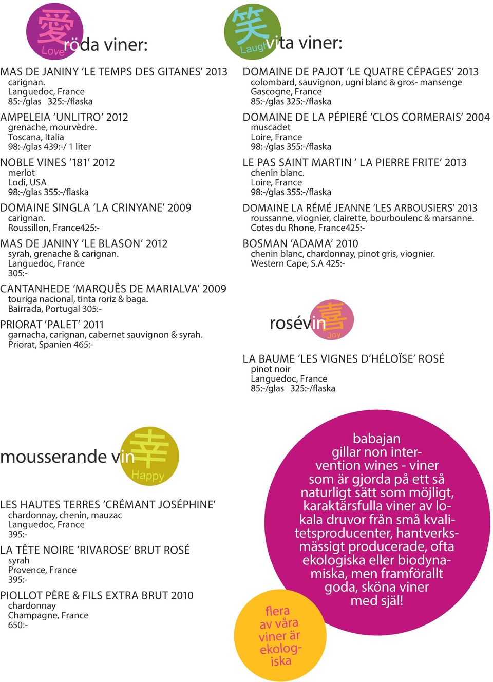 Roussillon, France425:- MAS DE JANINY LE BLASON 2012 syrah, grenache & carignan. 305:- CANTANHEDE MARQUÊS DE MARIALVA 2009 touriga nacional, tinta roriz & baga.