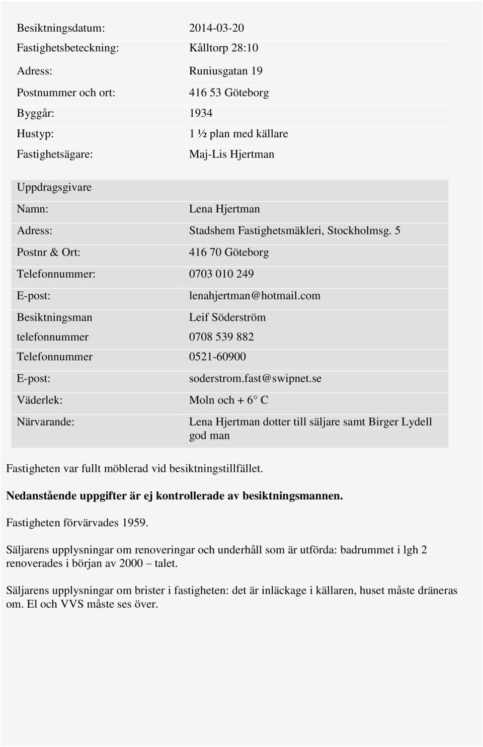 5 Postnr & Ort: 416 70 Göteborg Telefonnummer: 0703 010 249 E-post: Besiktningsman telefonnummer lenahjertman@hotmail.