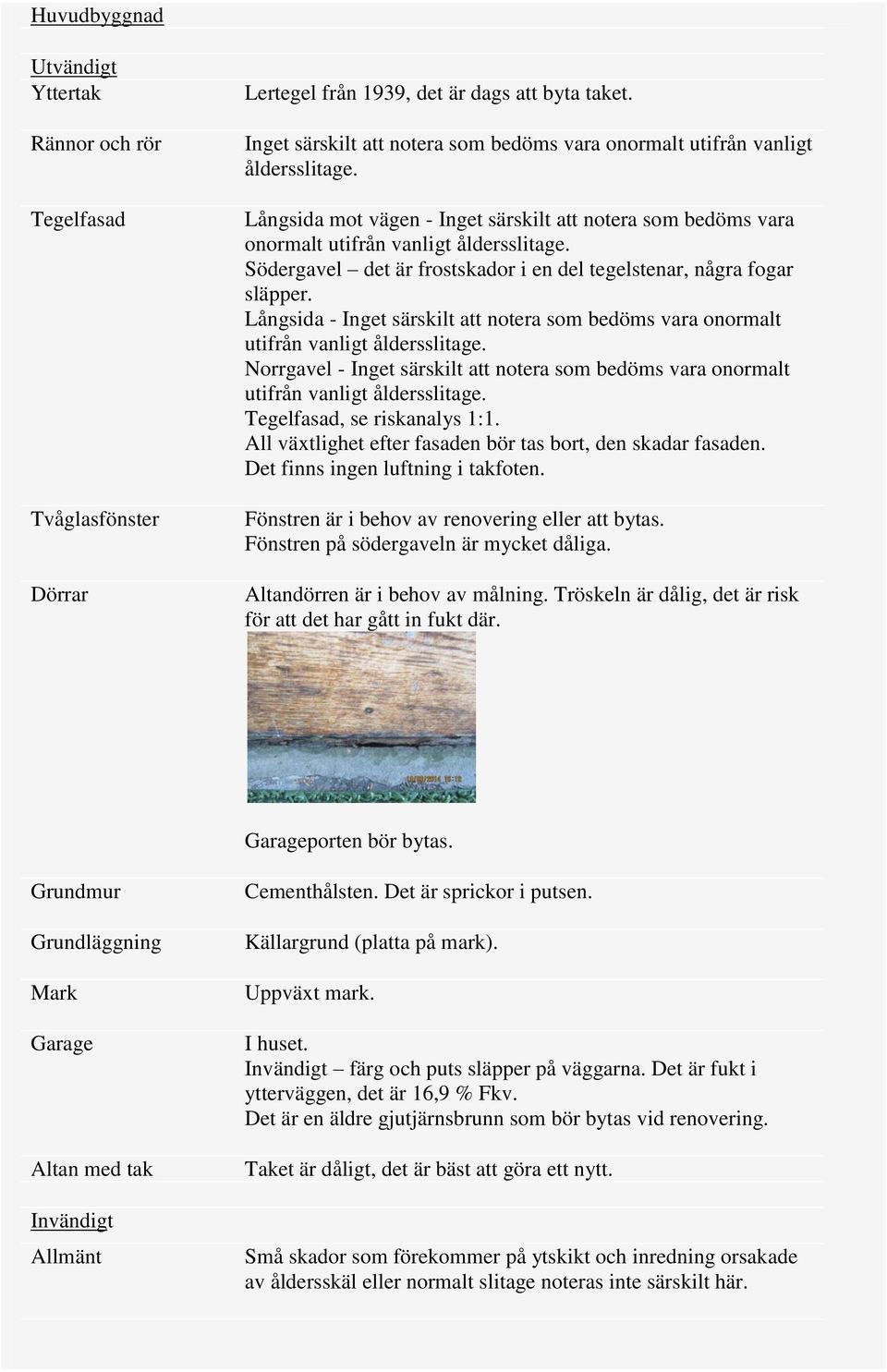 Långsida - Inget särskilt att notera som bedöms vara onormalt utifrån vanligt Norrgavel - Inget särskilt att notera som bedöms vara onormalt utifrån vanligt Tegelfasad, se riskanalys 1:1.