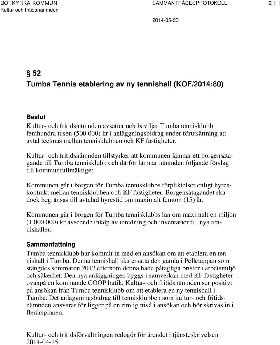 Kultur- och fritidsnämnden tillstyrker att kommunen lämnar ett borgensåtagande till Tumba tennisklubb och därför lämnar nämnden följande förslag till kommunfullmäktige: Kommunen går i borgen för
