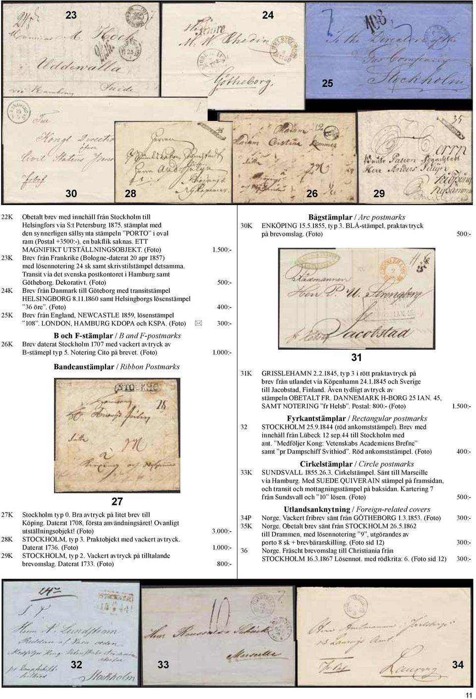 500:- 23K Brev från Frankrike (Bologne-daterat 20 apr 1857) med lösennotering 24 sk samt skrivstilstämpel detsamma. Transit via det svenska postkontoret i Hamburg samt Götheborg. Dekorativt.