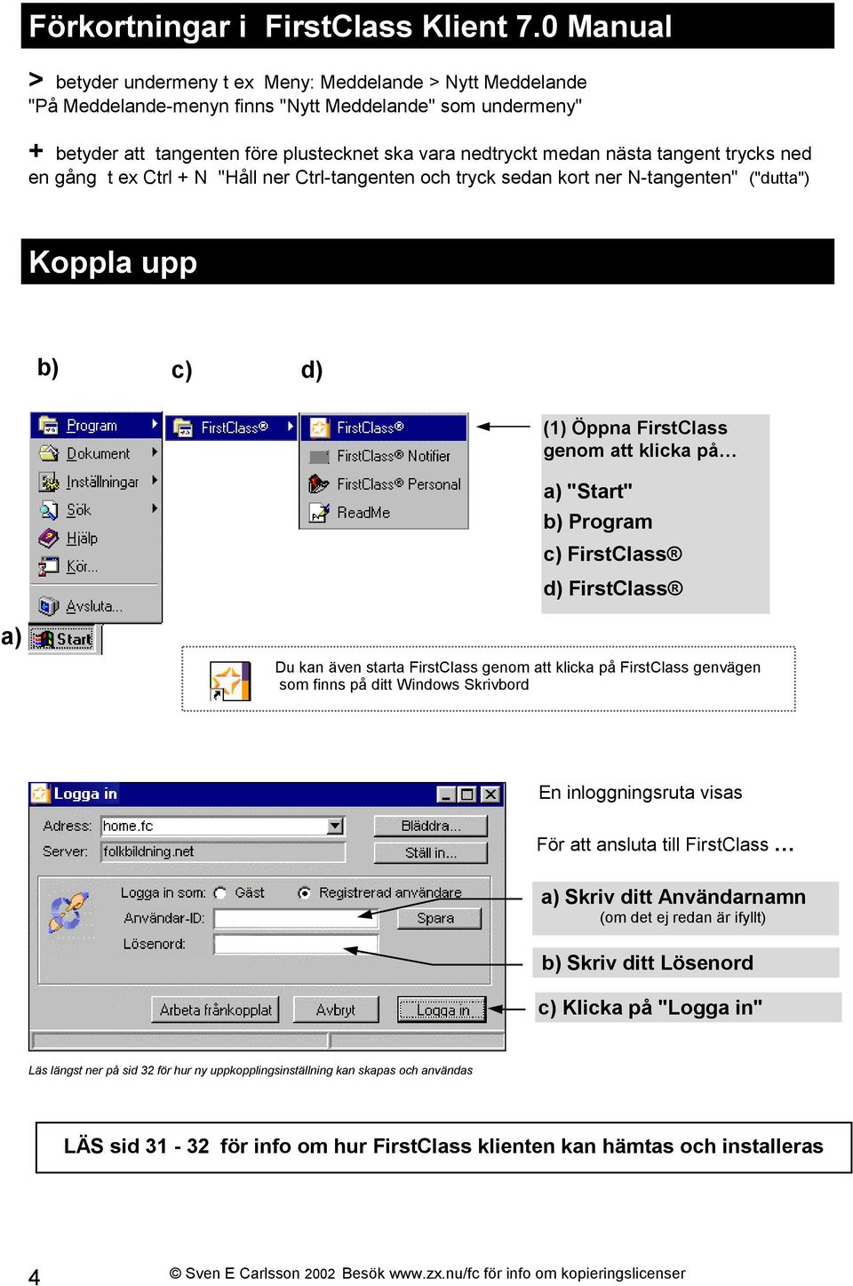 nästa tangent trycks ned en gång t ex Ctrl + N "Håll ner Ctrl-tangenten och tryck sedan kort ner N-tangenten" ("dutta") Koppla upp b) c) d) (1) Öppna FirstClass genom att klicka på a) "Start" b)