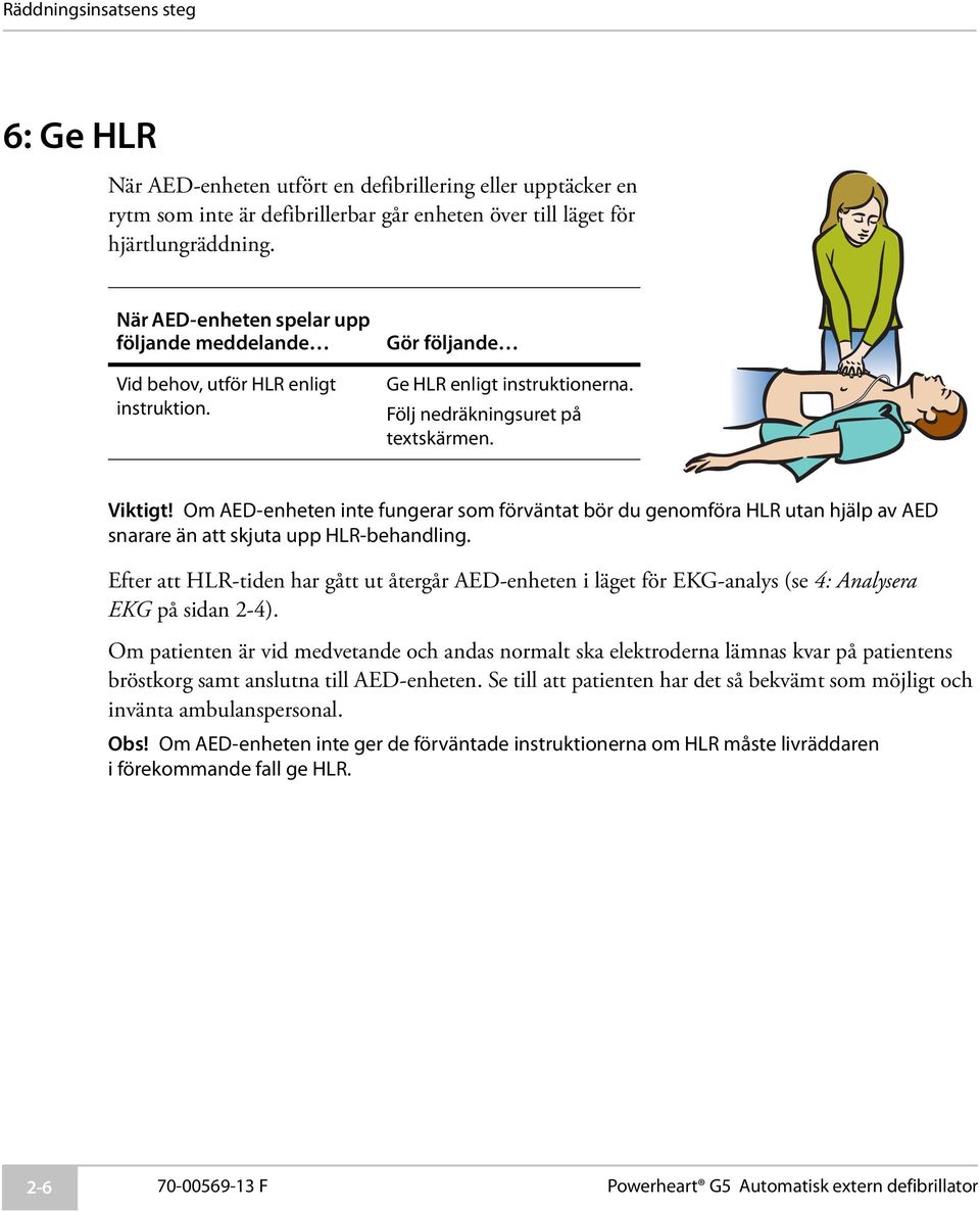 Om AED-enheten inte fungerar som förväntat bör du genomföra HLR utan hjälp av AED snarare än att skjuta upp HLR-behandling.