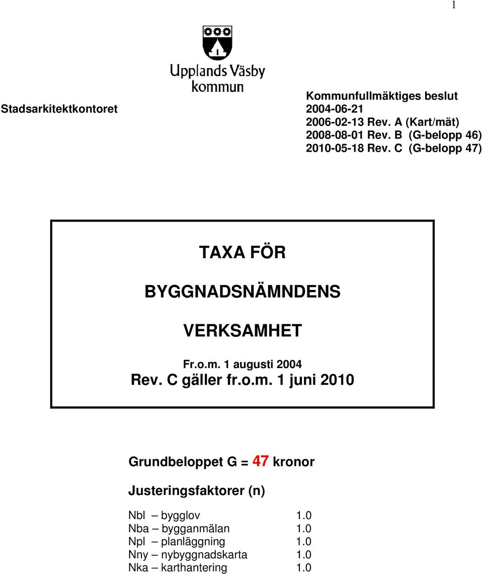 C (G-belopp 47) TAXA FÖR BYGGNADSNÄMNDENS VERKSAMHET Fr.o.m.