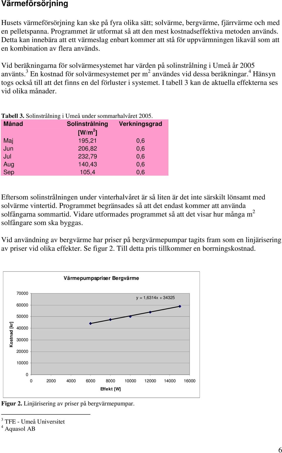 Vid beräkningarna för solvärmesystemet har värden på solinstrålning i Umeå år 2005 använts. 3 En kostnad för solvärmesystemet per m 2 användes vid dessa beräkningar.