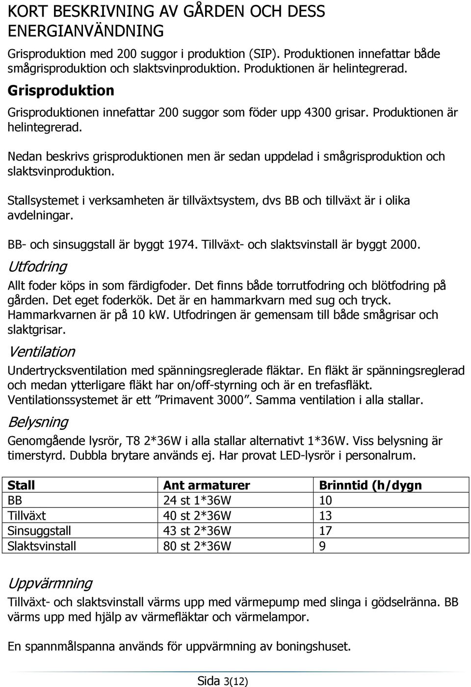 Nedan beskrivs grisproduktionen men är sedan uppdelad i smågrisproduktion och slaktsvinproduktion. Stallsystemet i verksamheten är tillväxtsystem, dvs BB och tillväxt är i olika avdelningar.