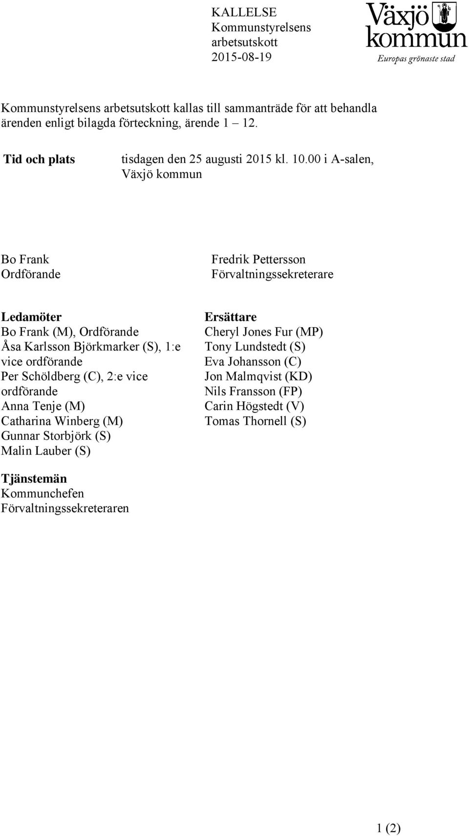 00 i A-salen, Växjö kommun Bo Frank Ordförande Fredrik Pettersson Förvaltningssekreterare Ledamöter Bo Frank (M), Ordförande Åsa Karlsson Björkmarker (S), 1:e vice ordförande