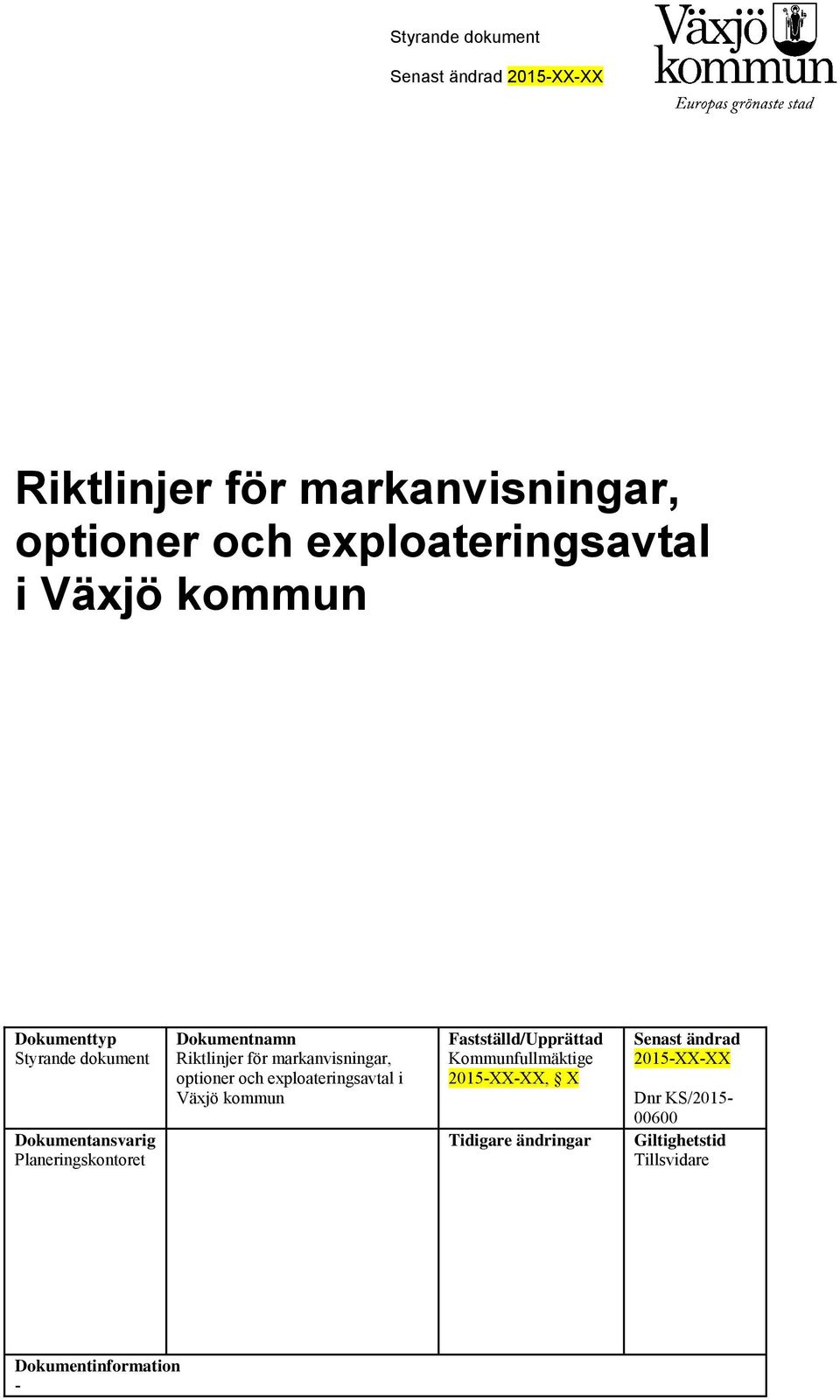markanvisningar, optioner och exploateringsavtal i Växjö kommun Fastställd/Upprättad Kommunfullmäktige