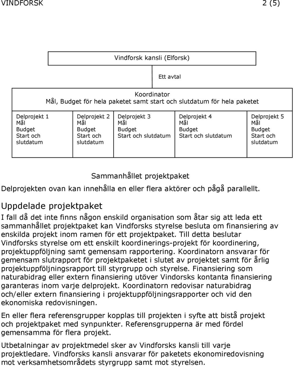 Uppdelade projektpaket I fall då det inte finns någon enskild organisation som åtar sig att leda ett sammanhållet projektpaket kan Vindforsks styrelse besluta om finansiering av enskilda projekt inom