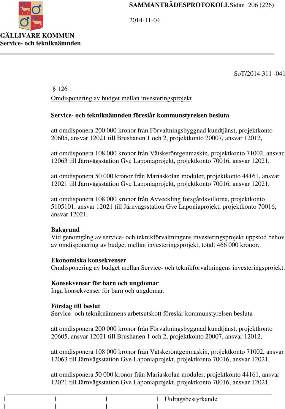 Järnvägsstation Gve Laponiaprojekt, projektkonto 70016, ansvar 12021, att omdisponera 50 000 kronor från Mariaskolan moduler, projektkonto 44161, ansvar 12021 till Järnvägsstation Gve Laponiaprojekt,